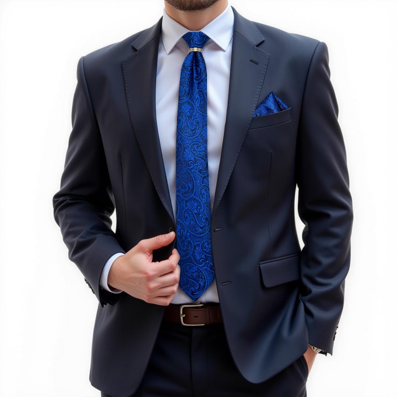 DiBanGu Mens Tie Set Silk Necktie and Gold Tie Ring Pocket Square Cufflinks Formal Business Wedding Ties with Gift Box, Blue - Image 2